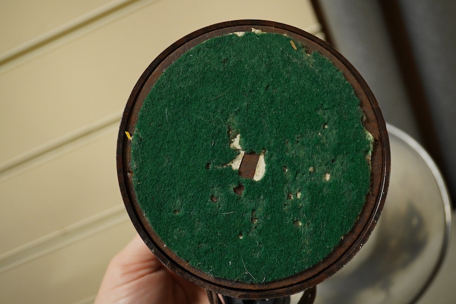 A pair of industrial-style photography aluminium shaded spot-lights on Bakelite stands, 29cm high. Condition - shades scratched from use, untested if working